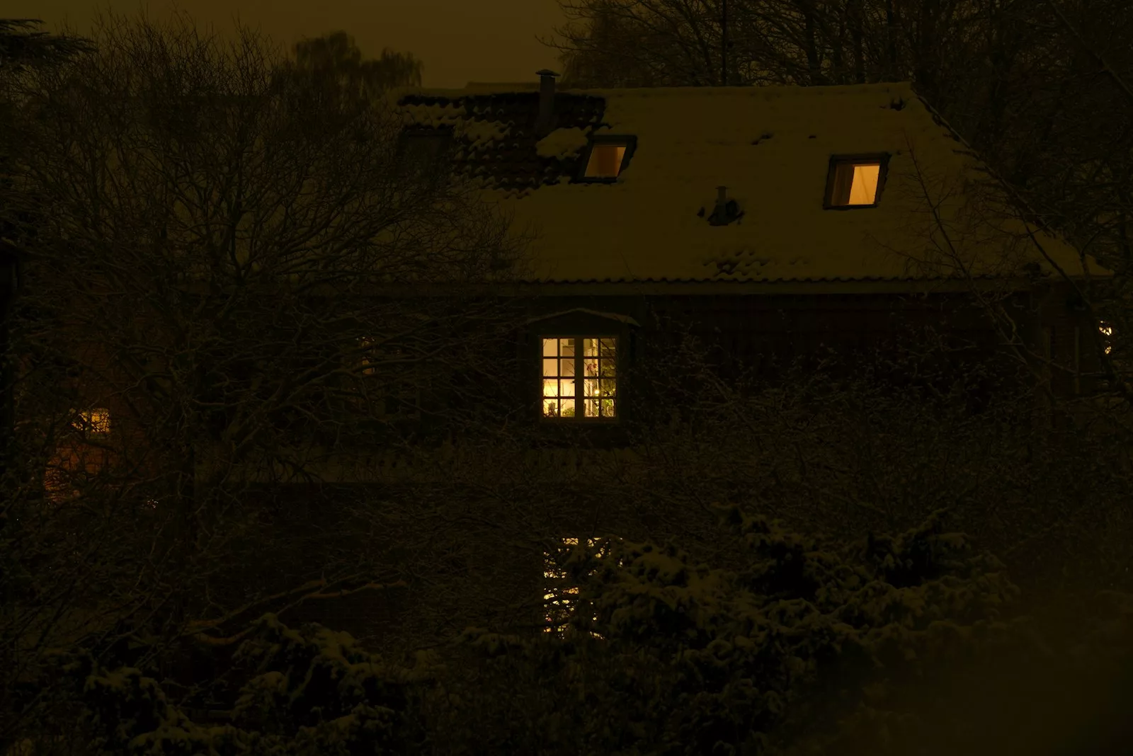 A warm lit window in a house at night